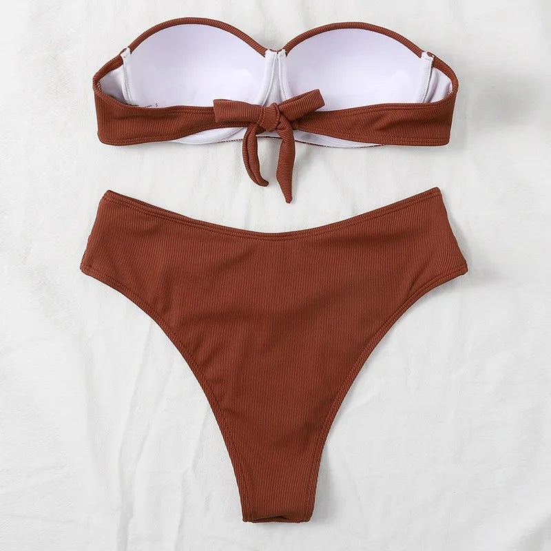 Manufacturer Custom Logo 2 Piece Bandeau High Waist Swimsuit Solid Bikini Women Sexy Bandeau Swimwear Ribbed Bikini Set