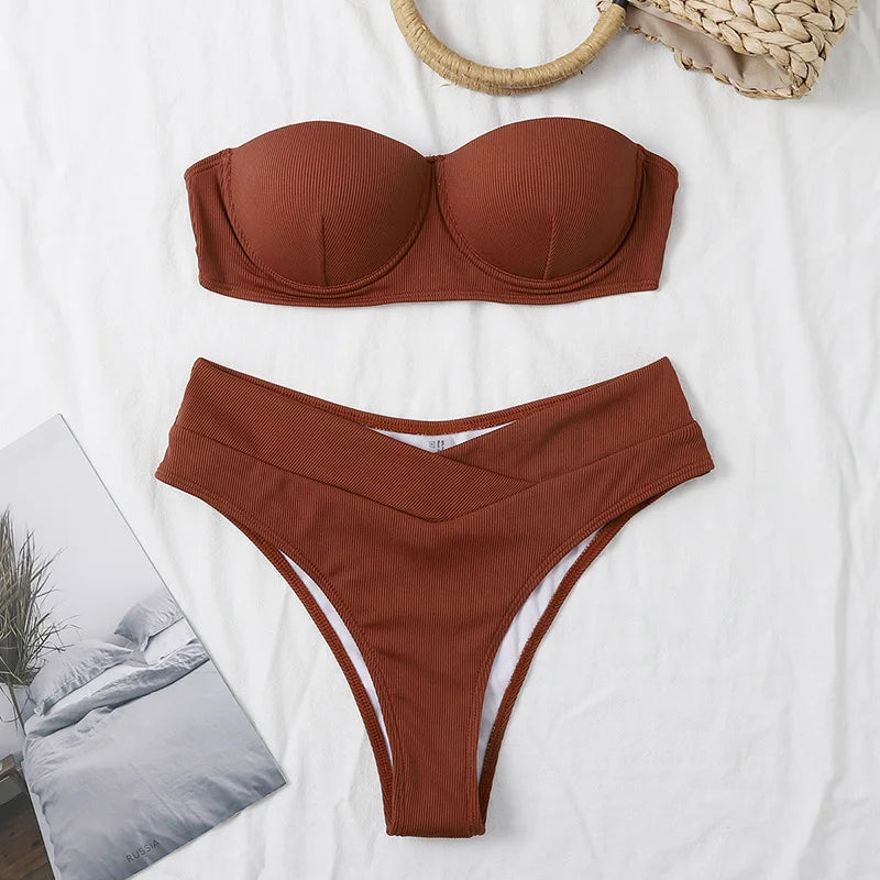 Manufacturer Custom Logo 2 Piece Bandeau High Waist Swimsuit Solid Bikini Women Sexy Bandeau Swimwear Ribbed Bikini Set