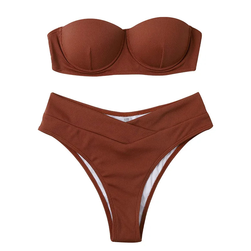 Manufacturer Custom Logo 2 Piece Bandeau High Waist Swimsuit Solid Bikini Women Sexy Bandeau Swimwear Ribbed Bikini Set