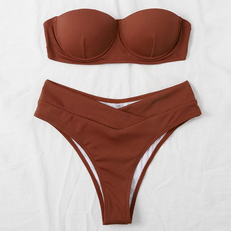 Manufacturer Custom Logo 2 Piece Bandeau High Waist Swimsuit Solid Bikini Women Sexy Bandeau Swimwear Ribbed Bikini Set